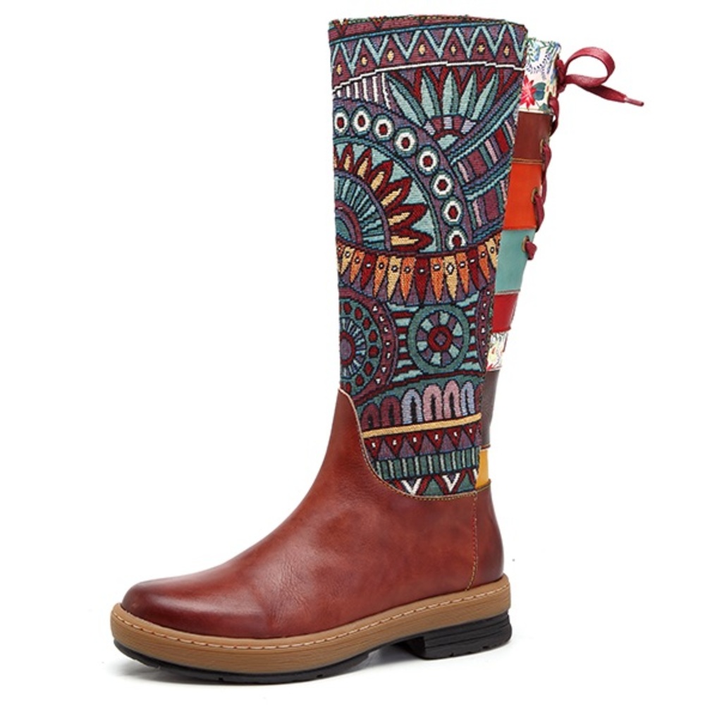 SOCOFY Bohemian Splicing Pattern Flat Leather